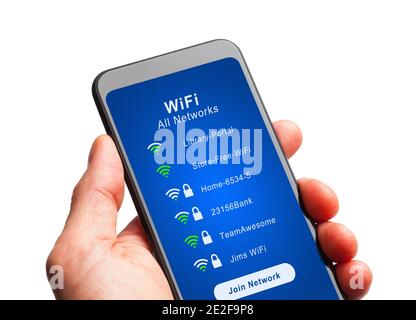 Main tenant le Smart Phone avec des réseaux WiFi à rejoindre. Banque D'Images