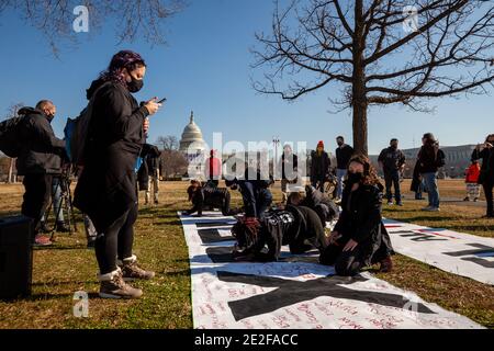 Washington, DC, Etats-Unis, 13 janvier 2021. En photo : environ 30 manifestants présents à Shutdown DC ont écrit le nom de tous les représentants et sénateurs qui se sont opposés à la certification des résultats de l'élection présidentielle le 6 janvier sur trois grandes banderoles. Ils les ont emmenée dans un espace public ouvert sur le terrain du Capitole où ils ont été accueillis par environ 50 policiers hostiles du Capitole. Les bannières ont appelé l'expulsion de tous les fascistes du Congrès. Crédit : Allison C Bailey/Alay Live News Banque D'Images