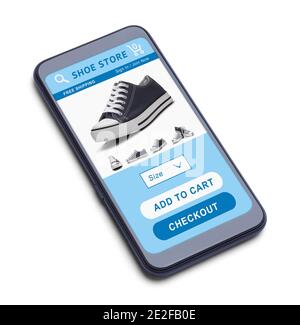 Smart Phone Shopping en ligne à la boutique de chaussures avec le produit prêt à être ajouté au panier et à la caisse. Banque D'Images