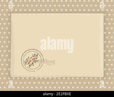 L'enveloppe beige Craft dessinée à la main avec un sceau repose sur du papier dans un dessin avec des coeurs. Marron permet de regarder cette vie ensemble texte sur le timbre Illustration de Vecteur