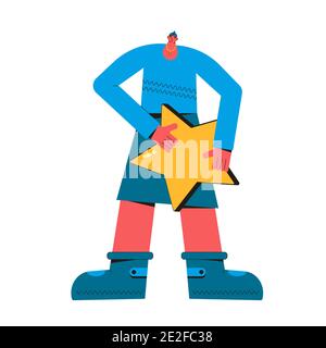 Personnage masculin portant dans des vêtements décontractés debout avec étoile d'or isolée sur un fond blanc. Homme tenant un indicateur de taux dans ses mains. Personne avec fe Illustration de Vecteur