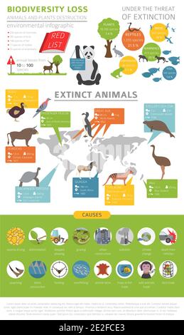 Problèmes environnementaux mondiaux. Infographie sur la perte de biodiversité. Animaux et oiseaux éteints. Illustration vectorielle Illustration de Vecteur