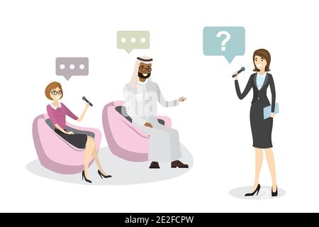 Belle femme journaliste avec microphone interviews d'un homme d'affaires arabe et femme d'affaires européenne, isolée sur fond blanc, vecteur plat illustrati Illustration de Vecteur