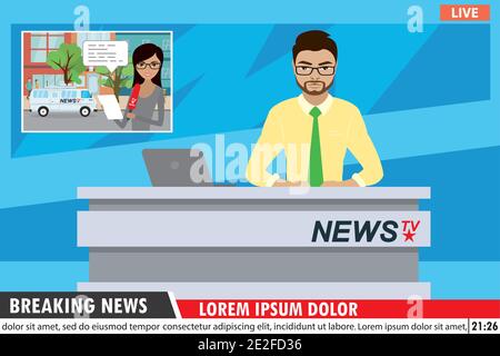 European male news Anchor on tv Breaking news background, Flat Vector illustration Illustration de Vecteur