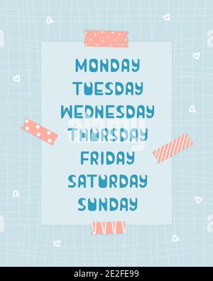 Bleu, blanc week Days du lundi au dimanche sur fond bleu avec bande rose washi et papier à motifs avec lignes et coeurs pour calendrier ou planificateur Illustration de Vecteur
