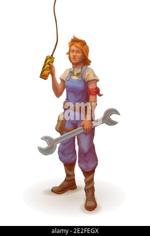 Dessineur de dessins animés, personnage mécanique féminin isolé sur blanc Illustration de Vecteur