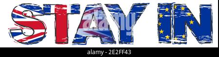 Texte RESTER AVEC le drapeau du Royaume-Uni et de l'UE sous lui, aspect de grunge en difficulté. Illustration de Vecteur
