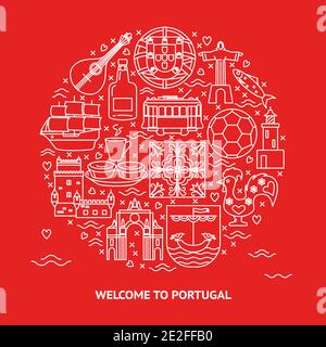Bienvenue au Portugal Round concept avec des icônes en style ligne. Symboles traditionnels avec culture nationale, cuisine et attractions. Bannière de voyage ou p Illustration de Vecteur