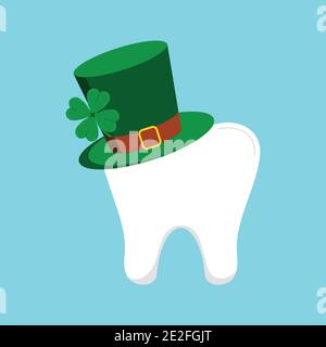 St Patrick Day tooth en chapeau de leprechun vert avec trèfle. Illustration de Vecteur