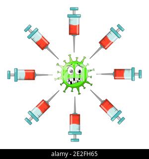 Caractère du coronavirus peur de l'injection du vaccin contre le covid-19 . Illustration vectorielle isolée sur fond blanc. Illustration de Vecteur