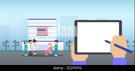 Tablette à écran vierge avec cancer hôpital et personnel médical plat illustration vectorielle de conception Illustration de Vecteur