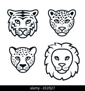 Grand jeu de visages de chats sauvages, logo noir et blanc. Lion, tigre, léopard, têtes de guépard. Illustration de clip art vectoriel isolée. Illustration de Vecteur