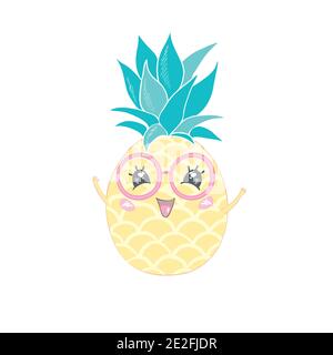 Illustration de l'ananas à vecteur mignon. Dessin animé drôle de nourriture graphique. Citation typographique Illustration de Vecteur