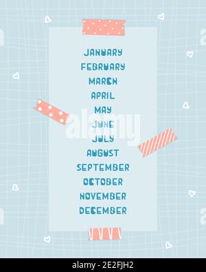 Bleu blanc mois de janvier à décembre sur fond bleu avec bande rose et papier à motifs avec lignes et cœur pour calendrier ou planificateur Illustration de Vecteur