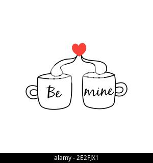 Deux mugs avec un coeur rouge et l'inscription être la mienne. Bonne Saint Valentin. Déclaration d'amour et de sentiments, 14 février. Sur fond blanc isol Illustration de Vecteur