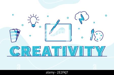 créativité typographie word art fond de l'icône chemin lumière ampoule palette brain avec illustration de la conception vectorielle de style contour Banque D'Images