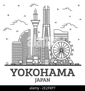 Aperçu Yokohama Japan City Skyline avec bâtiments modernes isolés sur blanc. Illustration vectorielle. Yokohama CityScape avec des monuments. Illustration de Vecteur