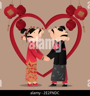 Dessin animé d'un couple chinois avec le chinois traditionnel costumes de mariage Illustration de Vecteur