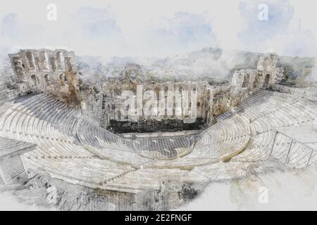 Sites anciens ruines des ruines de l'ancien théâtre de Herodion Atticus à Athènes, Grèce. Projection d'aquarelle avec illustration d'esquisse dessinée à la main Banque D'Images