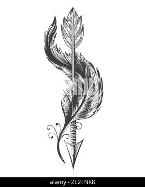 Tatouage des amérindiens Indian Arrow et de la plume d'oiseau volant. Illustration vectorielle. Illustration de Vecteur