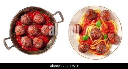 Ensemble de boulettes de viande, isolées sur un fond blanc. Boulettes de viande à la sauce tomate dans une casserole et pâtes et basilic sur une assiette, grenaille Banque D'Images