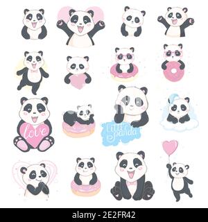 Ensemble de panda illustration, cartes dessinées à la main mignons, brochures, invitations Illustration de Vecteur