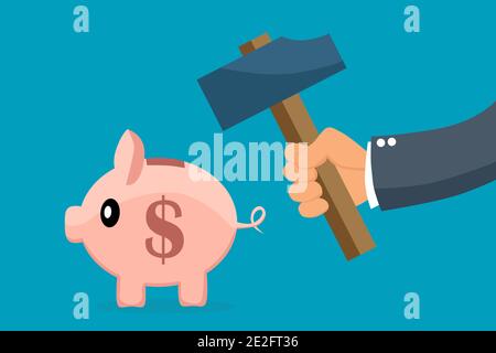 La main d'homme avec un marteau brise la tirelire isolée sur un fond bleu. Concept économique et commercial Illustration de Vecteur