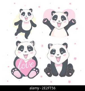 Ensemble de panda illustration, cartes dessinées à la main mignons, brochures, invitations Illustration de Vecteur