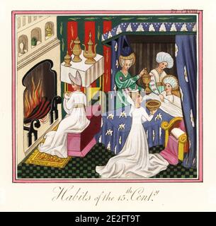 La naissance de Saint-Edmund, roi d'Anglia est, est mort en 869. Les femmes en attente et les sages-femmes assistent à la mère au lit avec de la soupe et des aromatiques, tandis qu'un nursemaid tient le bébé près de la cheminée. Habitudes du XVe siècle. Les femmes portent de grands chapeaux hauts et de longues robes. De John Lydgate's Lives of Saints Edmund and Fremund, 1434-9, Harley MS 2278. Gravure faite à la main par Joseph Strutt de sa vue complète de la robe et des habitudes du peuple d'Angleterre, Henry Bohn, Londres, 1842. Banque D'Images