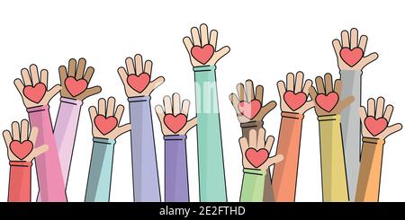 Mains avec cœur. Illustration vectorielle. Le bénévolat et le don. Les mains des enfants portent des symboles de coeur. Illustration de Vecteur