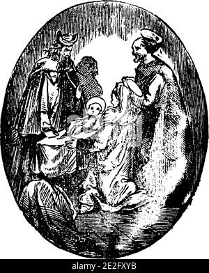 La Vierge Marie, Joseph et le bébé Jésus-Christ dans le temple de Jérusalem rencontrent Siméon. Bible, Nouveau Testament,Luc 2.Antique vintage Bible Christian gravure ou dessin. Illustration de Vecteur