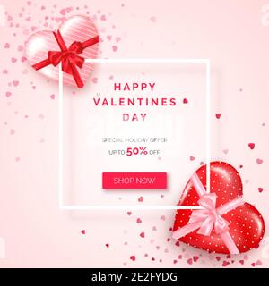 Offre vacances Saint Valentin. Bannière Web avec cadre blanc cadeaux décorés dans des boîtes en forme de coeur avec ruban de soie et noeud. Vecteur Illustration de Vecteur