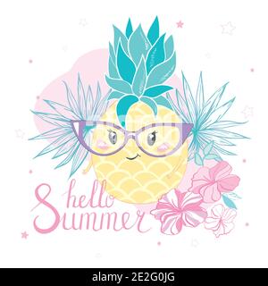 Illustration de l'ananas à vecteur mignon. Dessin animé drôle de nourriture graphique. Citation typographique Illustration de Vecteur