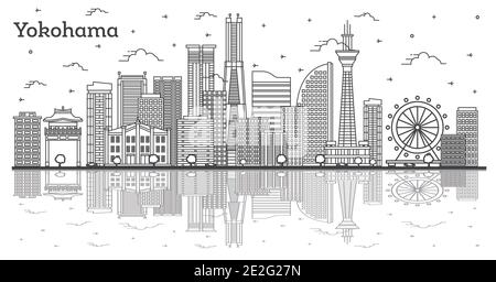 Aperçu Yokohama Japan City Skyline avec bâtiments modernes et réflexions isolées sur blanc. Illustration vectorielle. Yokohama CityScape avec des monuments. Illustration de Vecteur