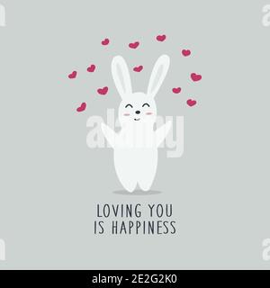 Mignon lièvre dans l'amour et beaucoup de coeurs. Expression aimer vous est le bonheur. Illustration vectorielle en forme de doodle dessin à la main sur fond bleu. Heureux Valentin Illustration de Vecteur