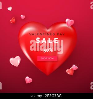 Offre vacances Saint Valentin sur grand coeur rouge. Bannière Web avec coeurs rouges et roses. Vecteur Illustration de Vecteur