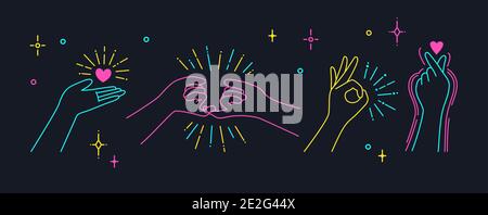 Carte postale sombre Saint Valentin, main tient coeur. Symbole d'amour du doigt, gestes féminins signe d'amour coréen. Symbole du design style tendance minimaliste. Je t'aime icône de couleur. Illustration du vecteur de message d'accueil Illustration de Vecteur