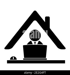 Icône du bureau à domicile. Symbole travail à distance avec homme d'affaires et ordinateur. Concept d'emploi en ligne pendant une pandémie de virus corona. Design noir isolé sur blanc b. Illustration de Vecteur