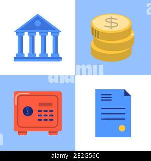 Ensemble d'icônes banque et argent de style plat. Bâtiment de la banque, pile de pièces, boîte de dépôt et symboles contractuels. Illustration vectorielle. Illustration de Vecteur