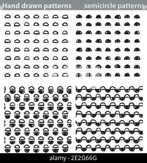 Quatre motifs sans couture différents réalisés avec des demi-cercles dessinés à la main. Illustration de Vecteur