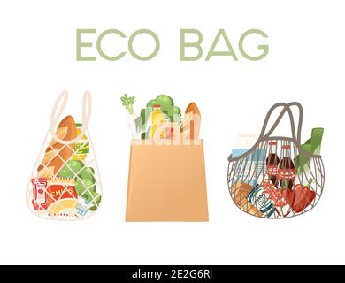 ENSEMBLE DE SACS ÉCOLOGIQUES avec différents types de sacs à provisions remplis de produits d'épicerie de l'illustration vectorielle plate du magasin sur fond blanc. Illustration de Vecteur