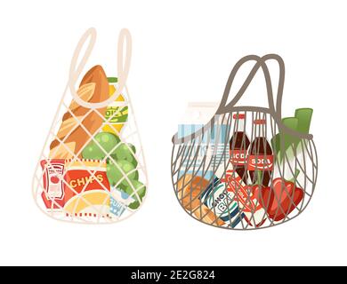 ENSEMBLE DE SACS ÉCOLOGIQUES avec différents types de sacs à provisions remplis de produits d'épicerie de l'illustration vectorielle plate du magasin sur fond blanc. Illustration de Vecteur