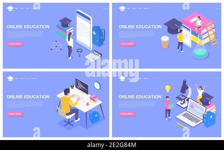 Jeu de bannières de concept d'éducation en ligne. Apprentissage à distance des élèves ou des écoliers. Illustration isométrique à vecteur plat. Illustration de Vecteur