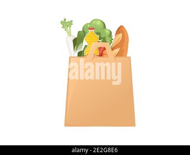 Ensemble de produits alimentaires sains légumes et produits laitiers nourriture végétalienne biologique dans un sac en papier résumé vecteur plat illustration sur fond blanc. Illustration de Vecteur