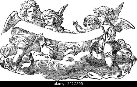 Groupe d'anges ou de chérubins de bébé tient le ruban ornemental prêt à ajouter votre texte. Ancienne gravure ou dessin religieux biblique chrétienne antique. Illustration de Vecteur