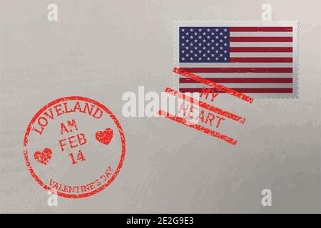 Enveloppe de timbre-poste avec drapeau des États-Unis et timbres de la Saint-Valentin, vecteur Illustration de Vecteur