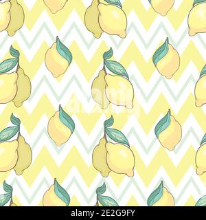 seamless pattern with lemons on the white background. Vector illustration. Hand drawn background. Stock Vector