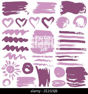Grand jeu de traits, de formes, de points, d'encres, de traits et de lignes bicolores. Illustration vectorielle isolée. Collection d'éléments sales. Nuances de violet Illustration de Vecteur