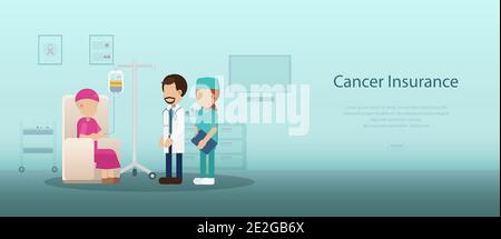 Bannière d'assurance cancer avec patient et personnel médical conception plate illustration vectorielle Illustration de Vecteur