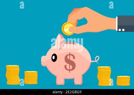 Homme main mettant une pièce dans une banque de porc isolée sur fond bleu. Concept économique et commercial. Copier l'espace pour la conception ou le texte Illustration de Vecteur